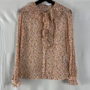 COACH Sz 4 Floral Ruffle Blouse 100% Silk Chiffon Peachy Button Top Semi-Sheer